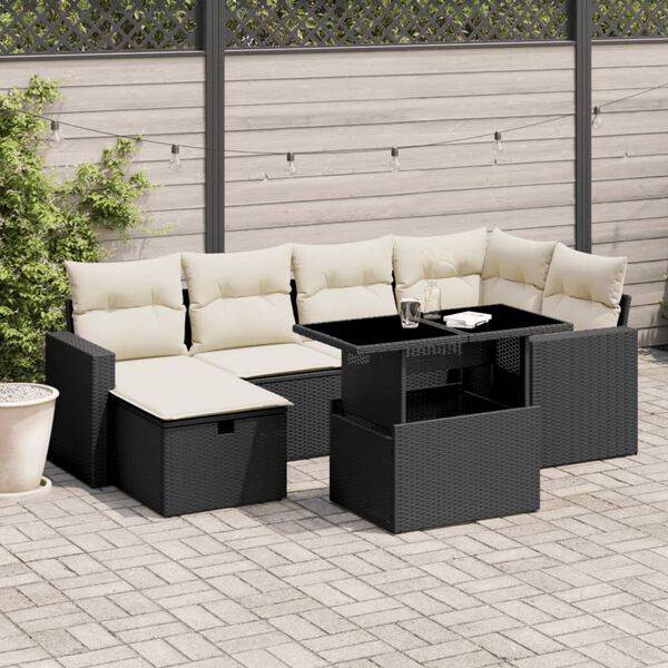 vidaXL Salon de jardin 7 pcs avec coussins noir r&eacute;sine tress&eacute;e