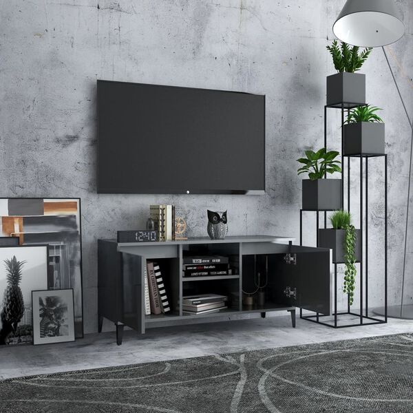 vidaXL Meuble TV avec pieds en m&eacute;tal Gris brillant 103,5x35x50 cm