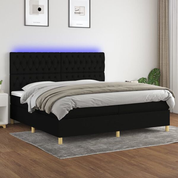 vidaXL Sommier &agrave; lattes de lit et matelas et LED Noir 200x200 cm Tissu