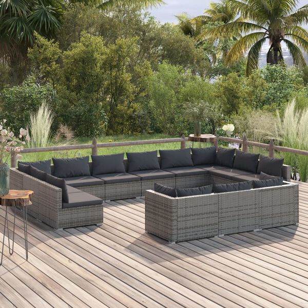 vidaXL Salon de jardin 13 pcs avec coussins Gris R&eacute;sine tress&eacute;e