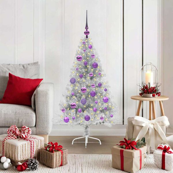 vidaXL Sapin de No&euml;l artificiel pr&eacute;-&eacute;clair&eacute; Argent 120 cm PET