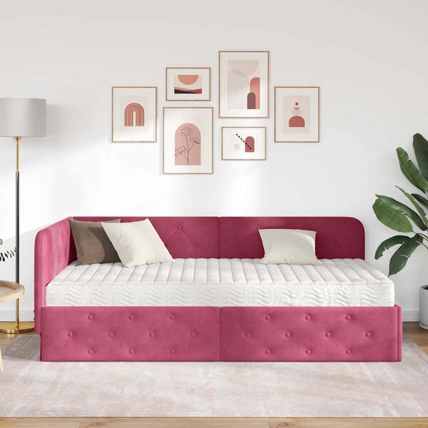vidaXL Cadre de lit d'angle avec matelas Bordeaux 100 x 200 cm Velours