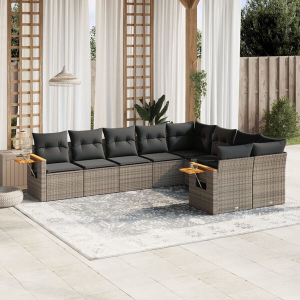 vidaXL Salon de jardin 9 pcs avec coussins gris résine tressée