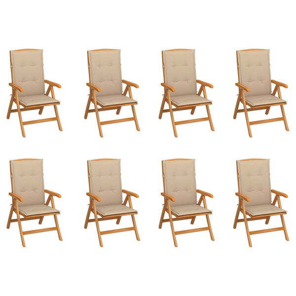 vidaXL Chaises inclinables de jardin et coussins lot de 8 Teck solide