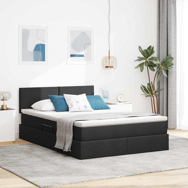 vidaXL Lit avec rangement et LED avec matelas Noir 140 x 200 cm tissu