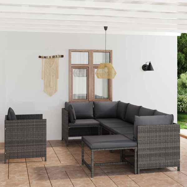 vidaXL Salon de jardin 7 pcs avec coussins R&eacute;sine tress&eacute;e Gris