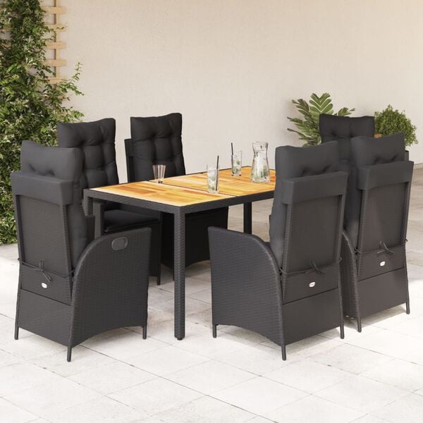 vidaXL Ensemble &agrave; manger de jardin coussins 7pcs Noir R&eacute;sine tress&eacute;e