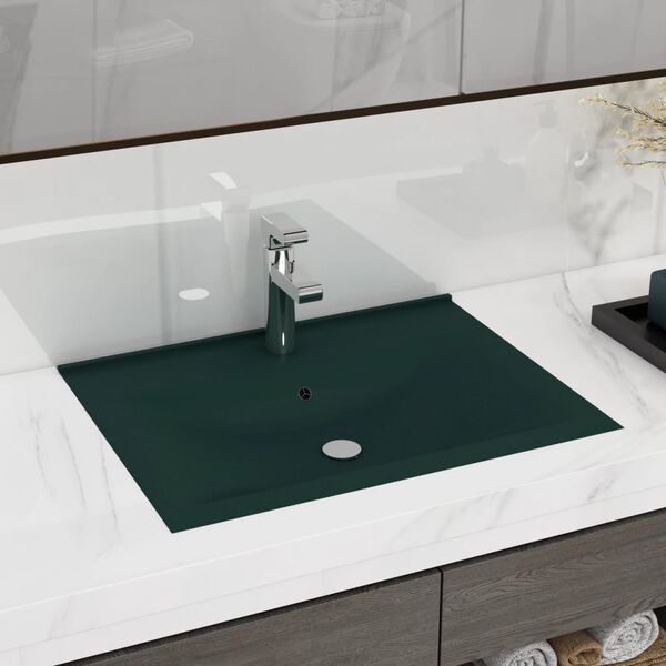 vidaXL Lavabo avec trou de robinet Vert fonc&eacute; mat 60x46 cm C&eacute;ramique