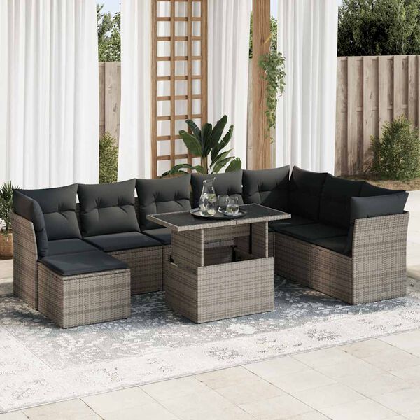 vidaXL Salon de jardin 9 pcs avec coussins gris r&eacute;sine tress&eacute;e