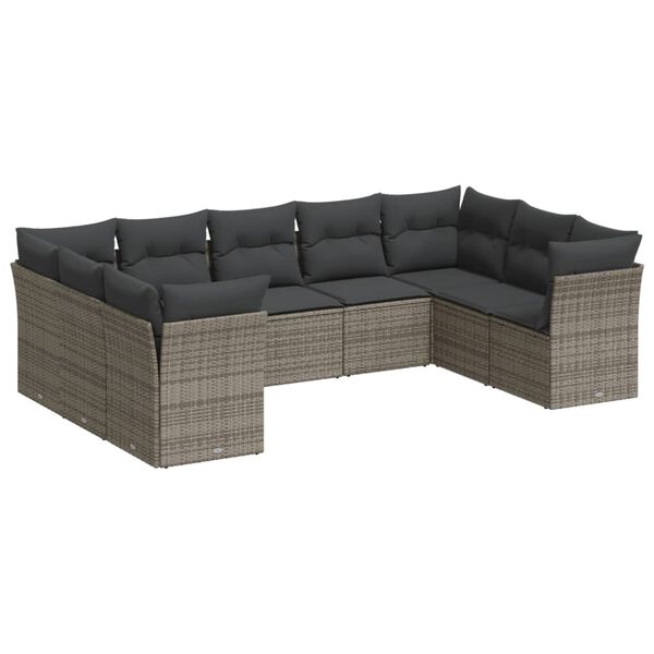 vidaXL Salon de jardin 9 pcs avec coussins gris résine tressée