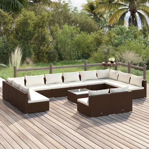 vidaXL Salon de jardin 13 pcs avec coussins Marron R&eacute;sine tress&eacute;e