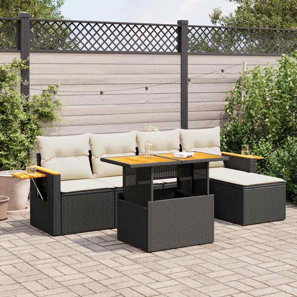 vidaXL Salon de jardin 6 pcs avec coussins noir r&eacute;sine tress&eacute;e acacia