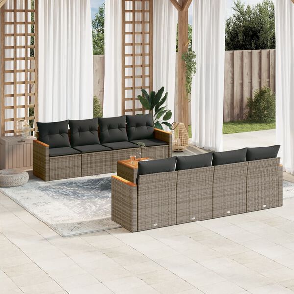 vidaXL Salon de jardin 9 pcs avec coussins gris r&eacute;sine tress&eacute;e