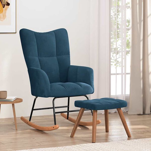 vidaXL Chaise &agrave; bascule avec tabouret en velours bleu