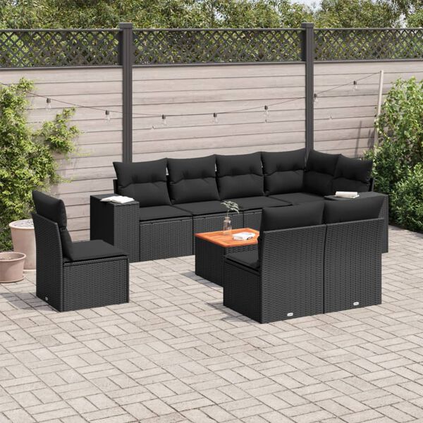 vidaXL Salon de jardin 9 pcs avec coussins noir résine tressée