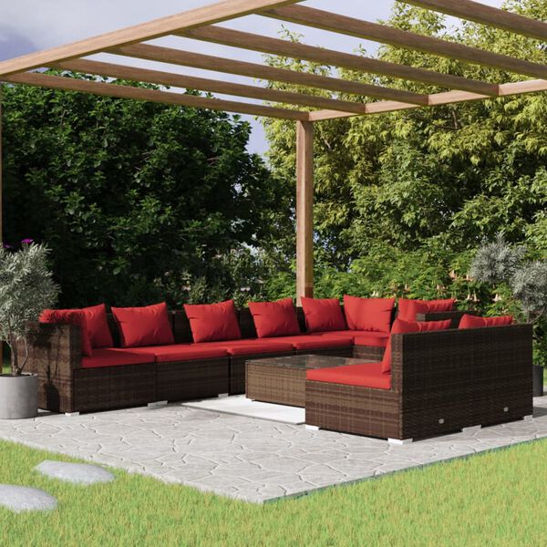 vidaXL Salon de jardin avec coussins 9 pcs marron r&eacute;sine tress&eacute;e