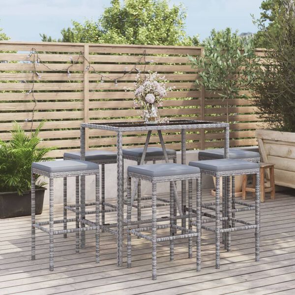 vidaXL Ensemble de bar de jardin 7 pcs avec coussins gris poly rotin