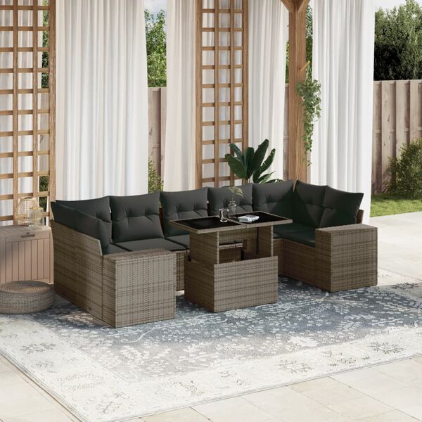 vidaXL Salon de jardin 8 pcs avec coussins gris r&eacute;sine tress&eacute;e