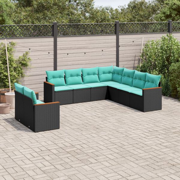 vidaXL Salon de jardin 9 pcs avec coussins noir r&eacute;sine tress&eacute;e