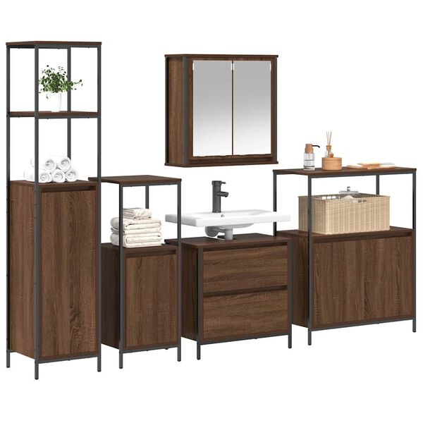 vidaXL Ensemble de mobilier de salle de bain avec &eacute;tag&egrave;re 5 pcs Marron