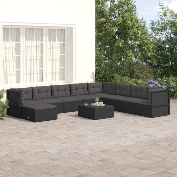 vidaXL Salon de jardin 9 pcs avec coussins Noir R&eacute;sine tress&eacute;e
