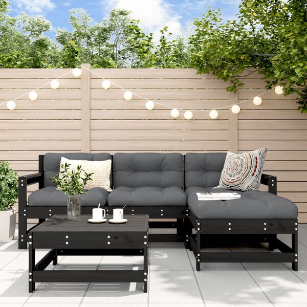 vidaXL Salon de jardin 5 pcs avec coussins noir bois massif
