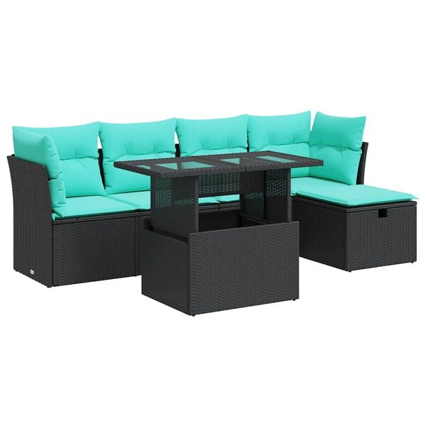 vidaXL Salon de jardin 6 pcs avec coussins noir r&eacute;sine tress&eacute;e acacia