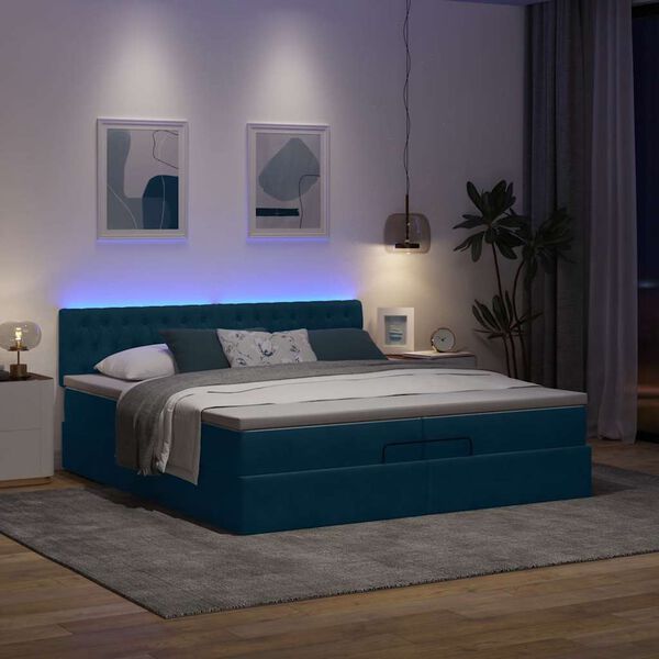 vidaXL Cadre de lit ottoman avec matelas bleu fonc&eacute; 200x200 cm velours