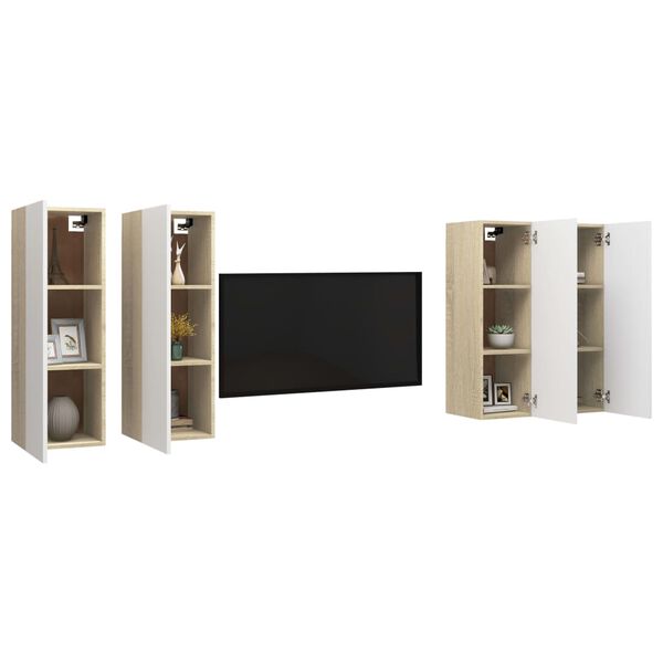 vidaXL Meubles TV 4 pcs Blanc et ch&ecirc;ne sonoma Bois d'ing&eacute;nierie