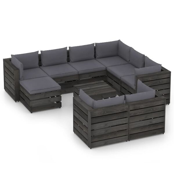 vidaXL Salon de jardin 10 pcs avec coussins Bois impr&eacute;gn&eacute; de gris