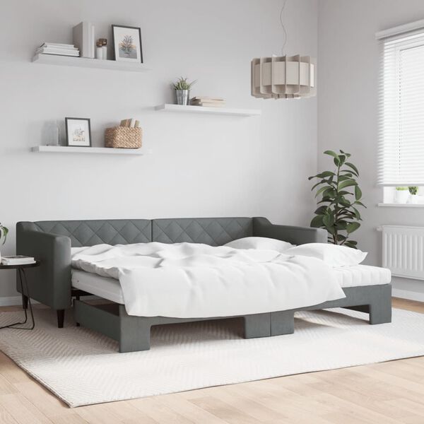 vidaXL Lit de jour avec gigogne et matelas gris foncé 90x200 cm tissu