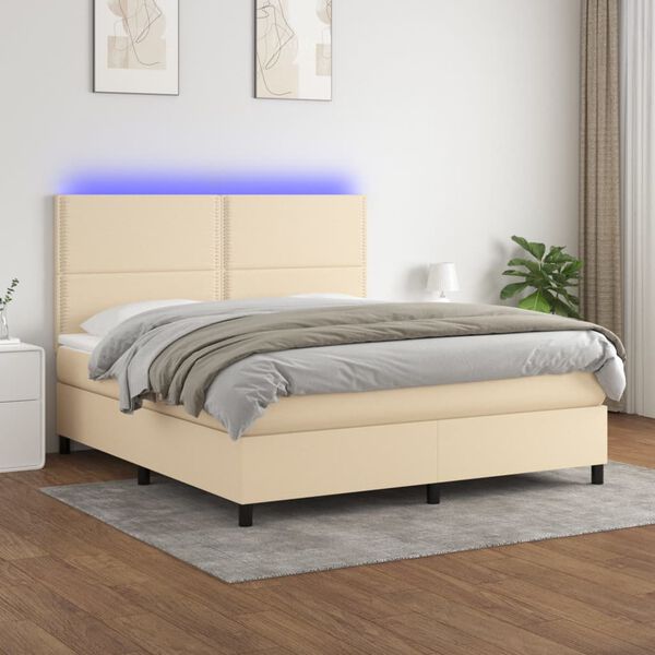 vidaXL Sommier &agrave; lattes de lit et matelas et LED Cr&egrave;me 180x200cm Tissu