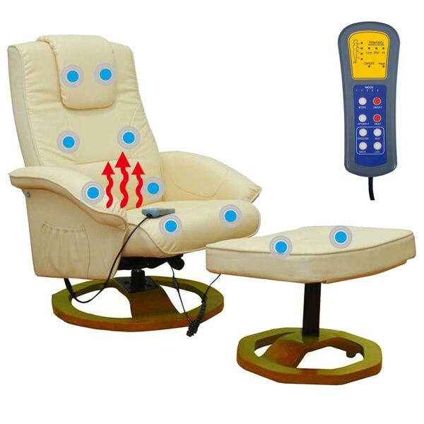 vidaXL Fauteuil de massage avec repose-pied Crème Similicuir