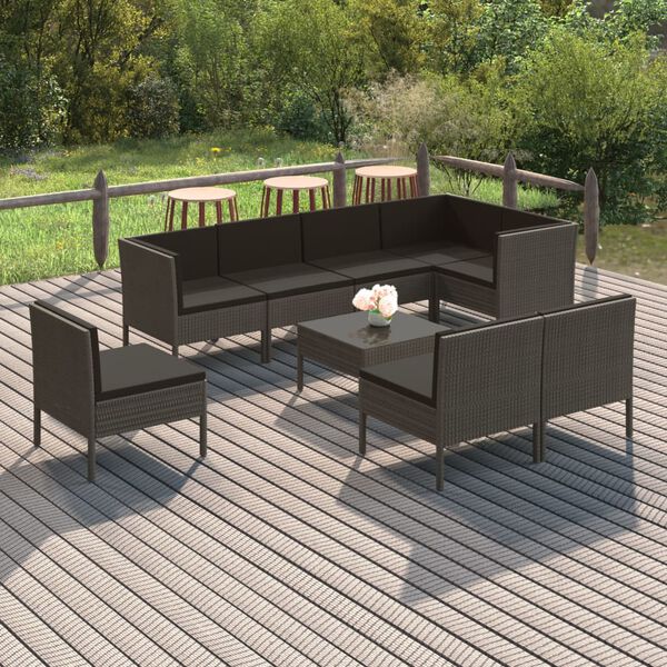 vidaXL Salon de jardin 9 pcs avec coussins R&eacute;sine tress&eacute;e Gris