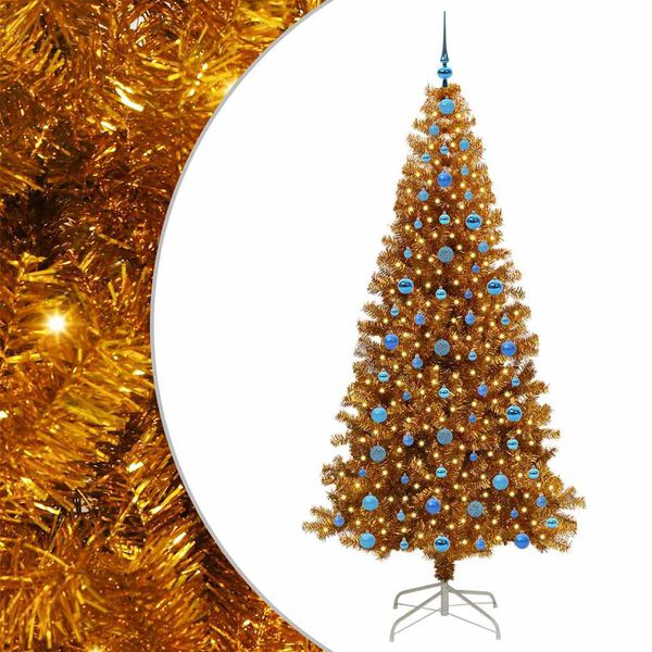 vidaXL Sapin de No&euml;l avec 300 LED avec support Dor&eacute; 210 cm PET
