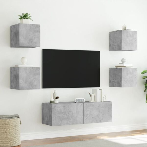 vidaXL Meuble TV muraux 5 pcs avec lumi&egrave;res LED gris b&eacute;ton