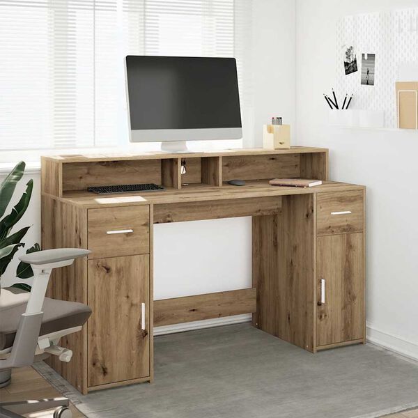 vidaXL Bureau avec lumi&egrave;res LED ch&ecirc;ne artisanal bois d'ing&eacute;nierie