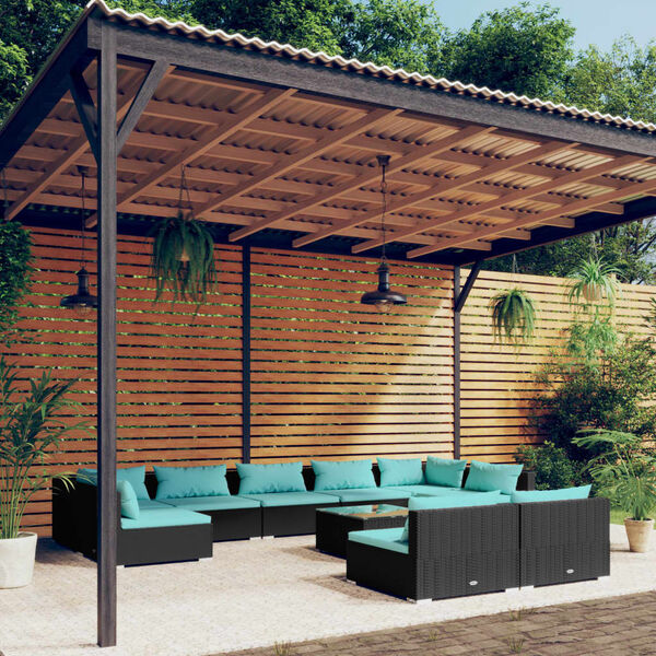 vidaXL Salon de jardin 10 pcs avec coussins Noir R&eacute;sine tress&eacute;e