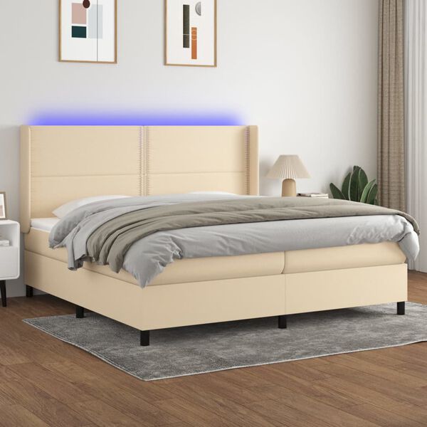 vidaXL Sommier &agrave; lattes de lit matelas LED Cr&egrave;me 200x200 cm Tissu