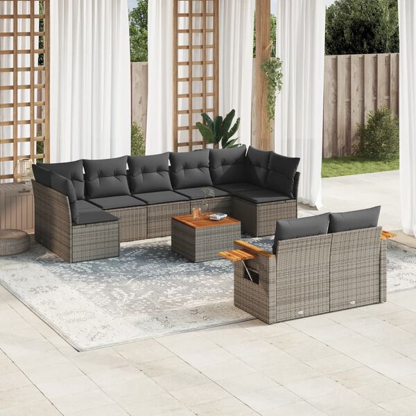 vidaXL Salon de jardin avec coussins 10 pcs gris r&eacute;sine tress&eacute;e