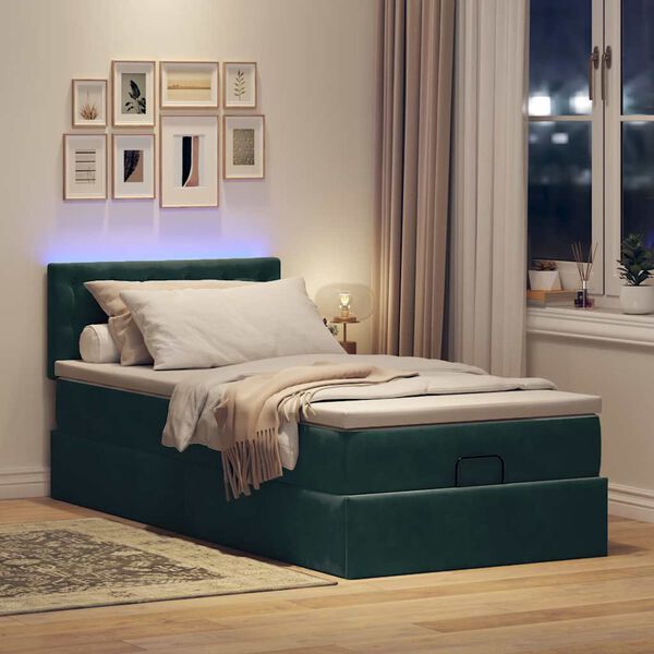 vidaXL Lit ottoman avec matelas et LED Vert fonc&eacute; 80x200cm velours