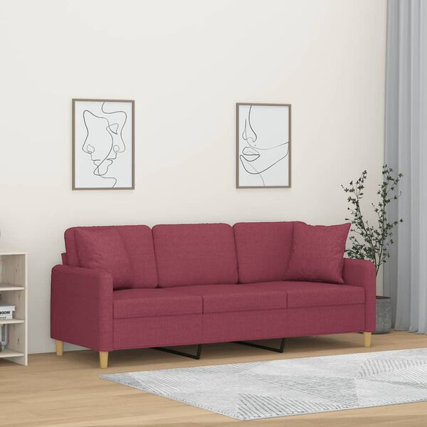 vidaXL Canap&eacute; 3 places avec oreillers d&eacute;coratifs bordeaux 180 cm tissu