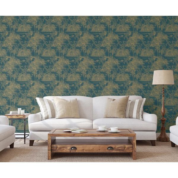 DUTCH WALLCOVERINGS Papier peint Tropical Bleu fonc&eacute; et dor&eacute;