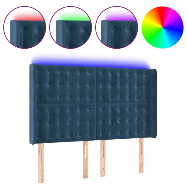 vidaXL T&ecirc;te de lit &agrave; LED Bleu fonc&eacute; 147x16x118/128 cm Velours