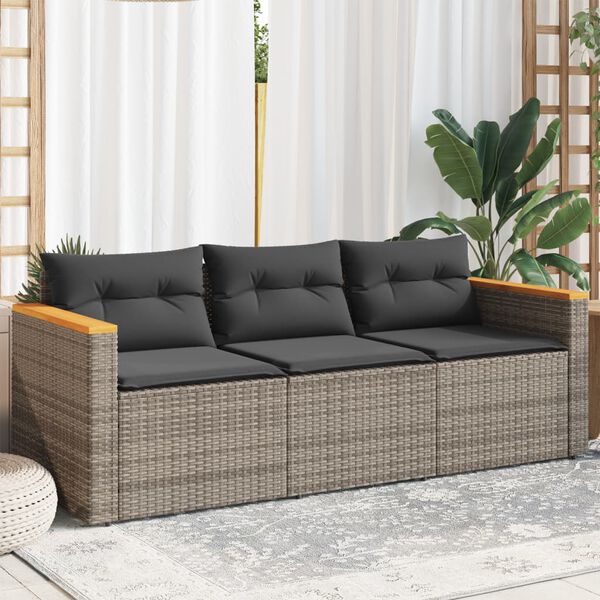 vidaXL Canap&eacute; de jardin avec coussins 3 places gris r&eacute;sine tress&eacute;e