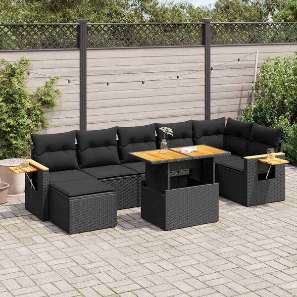 vidaXL Salon de jardin avec coussins 8 pcs noir r&eacute;sine tress&eacute;e acacia