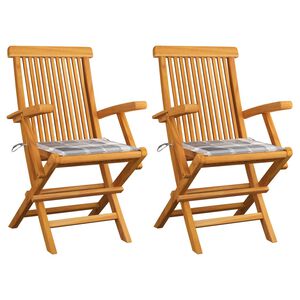 vidaXL Chaises de jardin lot de 2 avec coussins &agrave; carreaux gris Teck