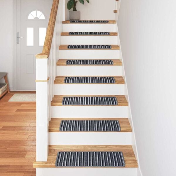 vidaXL Tapis d'escalier auto-adh&eacute;sifs Ray&eacute; 15 pcs Gris 65 x 21 x 4 cm