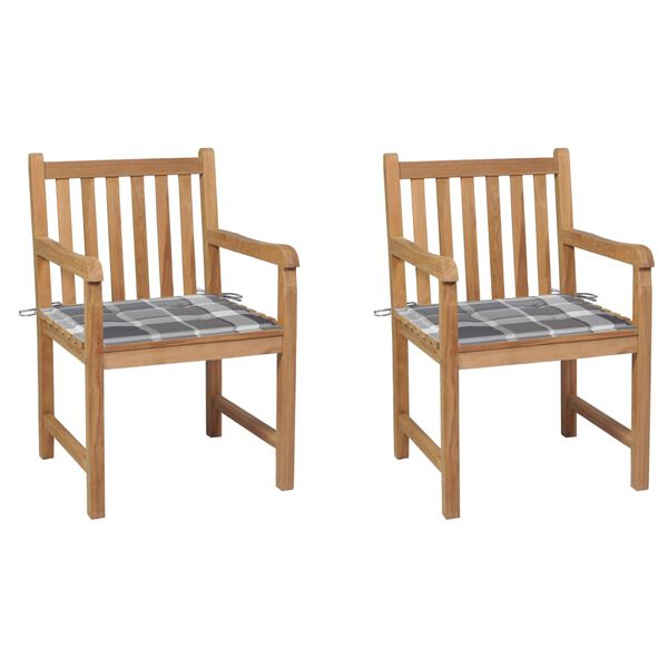 vidaXL Chaises de jardin lot de 2 avec coussins &agrave; carreaux gris Teck