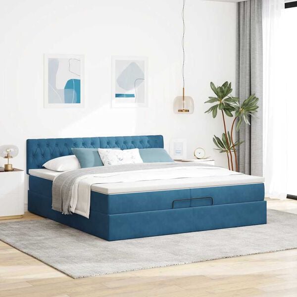 vidaXL Cadre de lit ottoman avec matelas bleu fonc&eacute; 200x200 cm velours